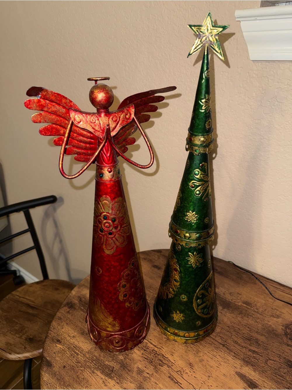 Pier 1 Red Angel and Green Cone Tree Holiday Figurines